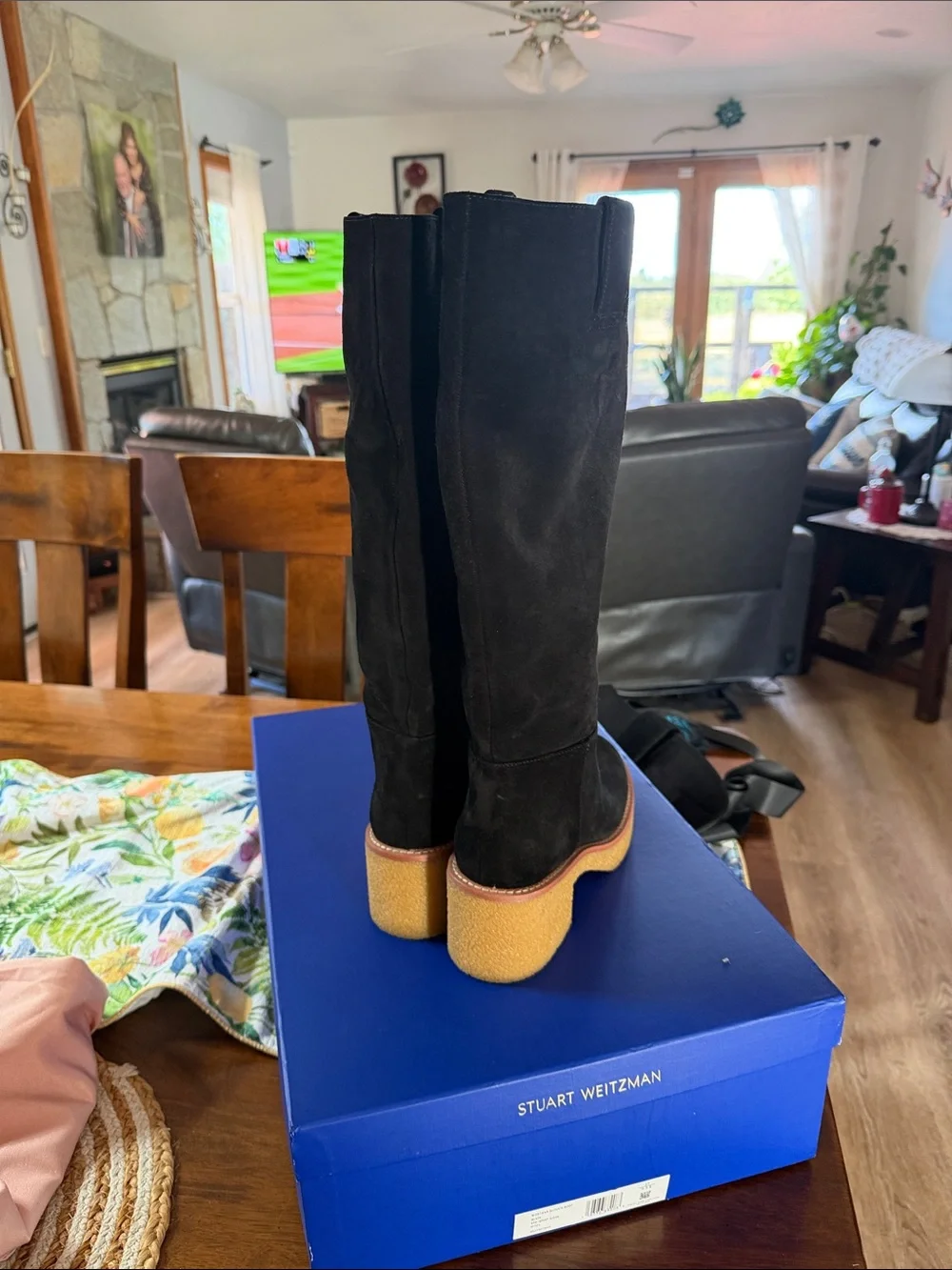 Stuart Weitzman Black Suede Over-the-Knee Boots with Natural Wood-Look Platform